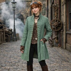 MILITARY STEAMPUNK GRUNGE GREEN COTTON LONG JACKET SIZE LARGE BUTTONS POCKETS